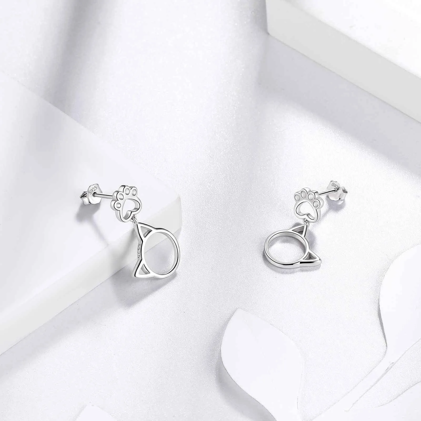 Cute Animal Cat Face Paw Earrings Women Girls Jewelry 925 Sterling Silver