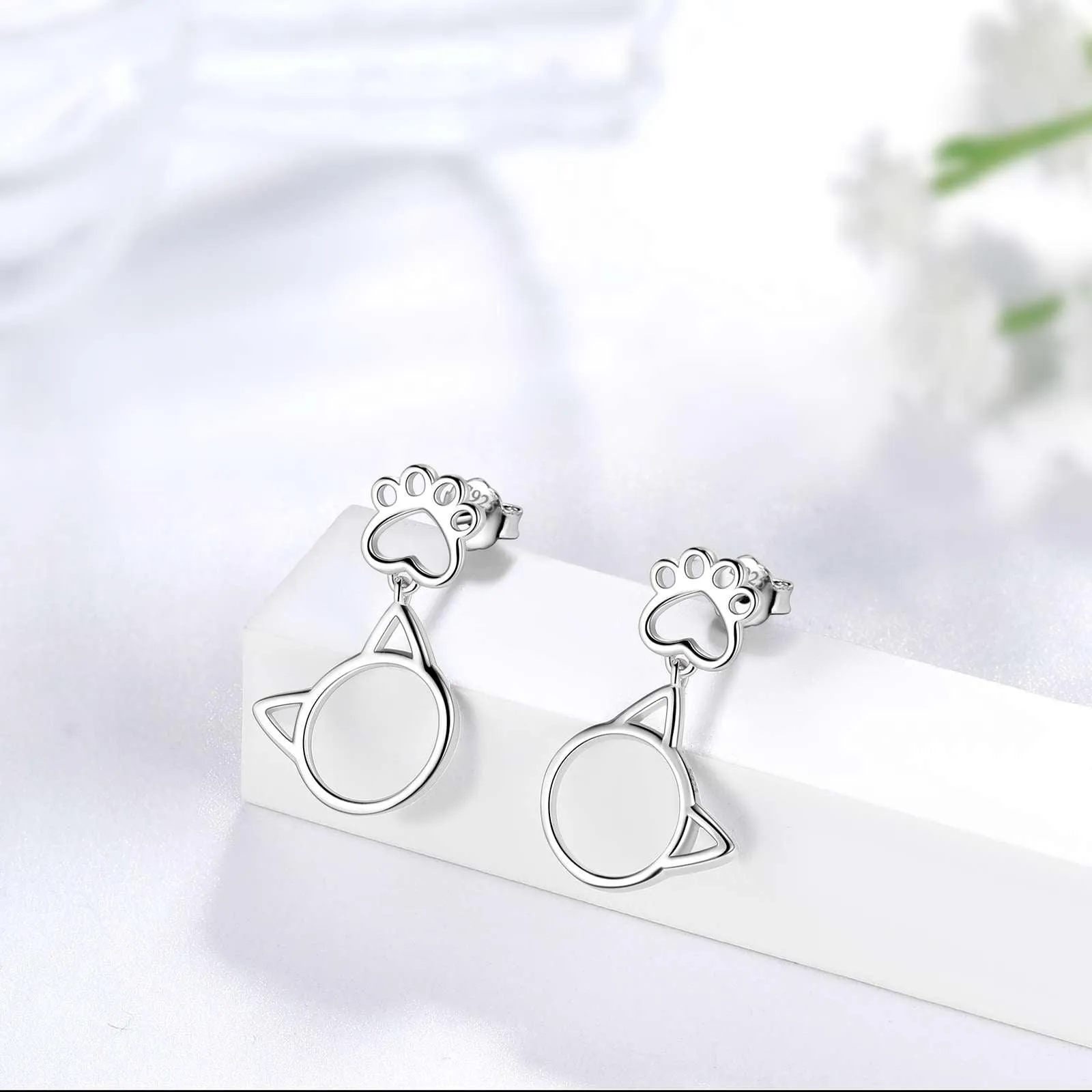 Cute Animal Cat Face Paw Earrings Women Girls Jewelry 925 Sterling Silver