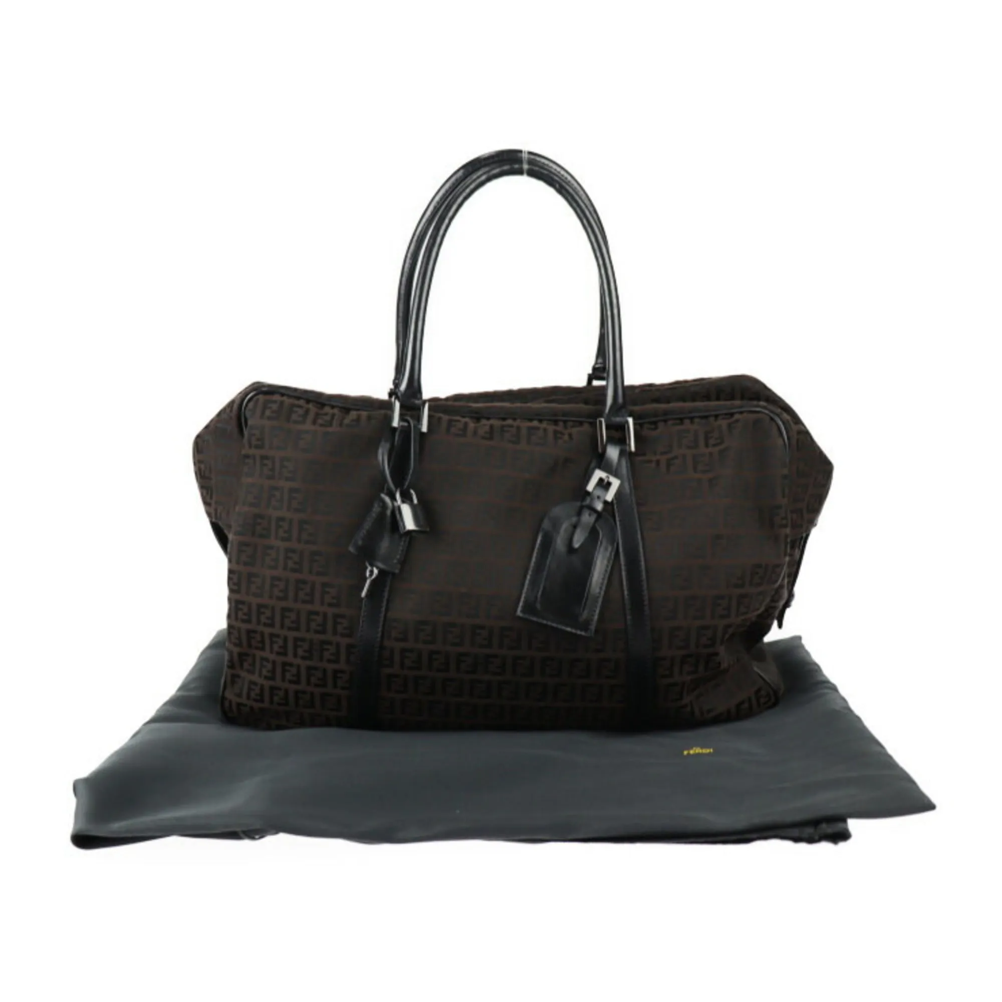 FENDI Boston bag 7VS002 canvas leather dark brown black Zucchino Zucca pattern