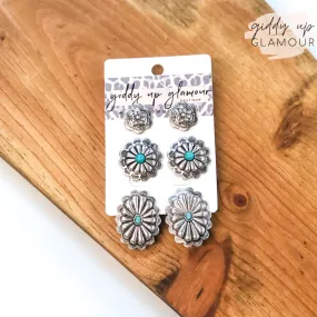 Set of Three | Concho Earring Set with Turquoise Stones in Silver